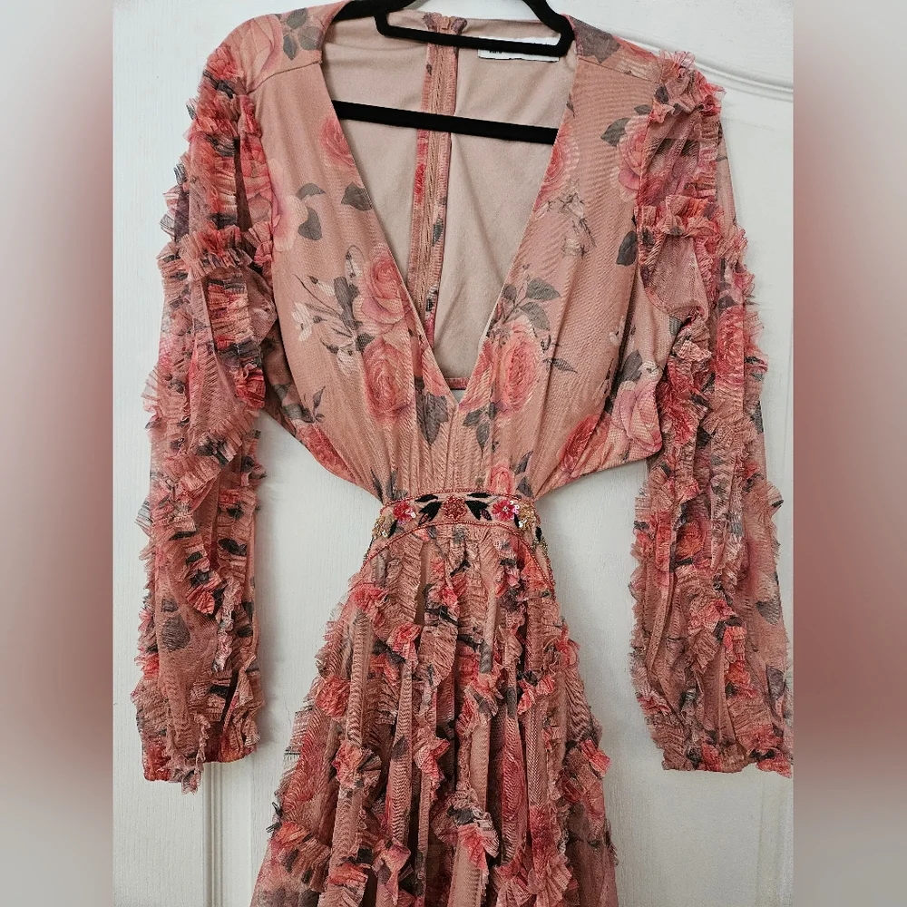 Mac Duggal Long Sleeve V Neck Cut Out Mesh Mini Dress SZ 12 NWT A9151 - Picture 3 of 11